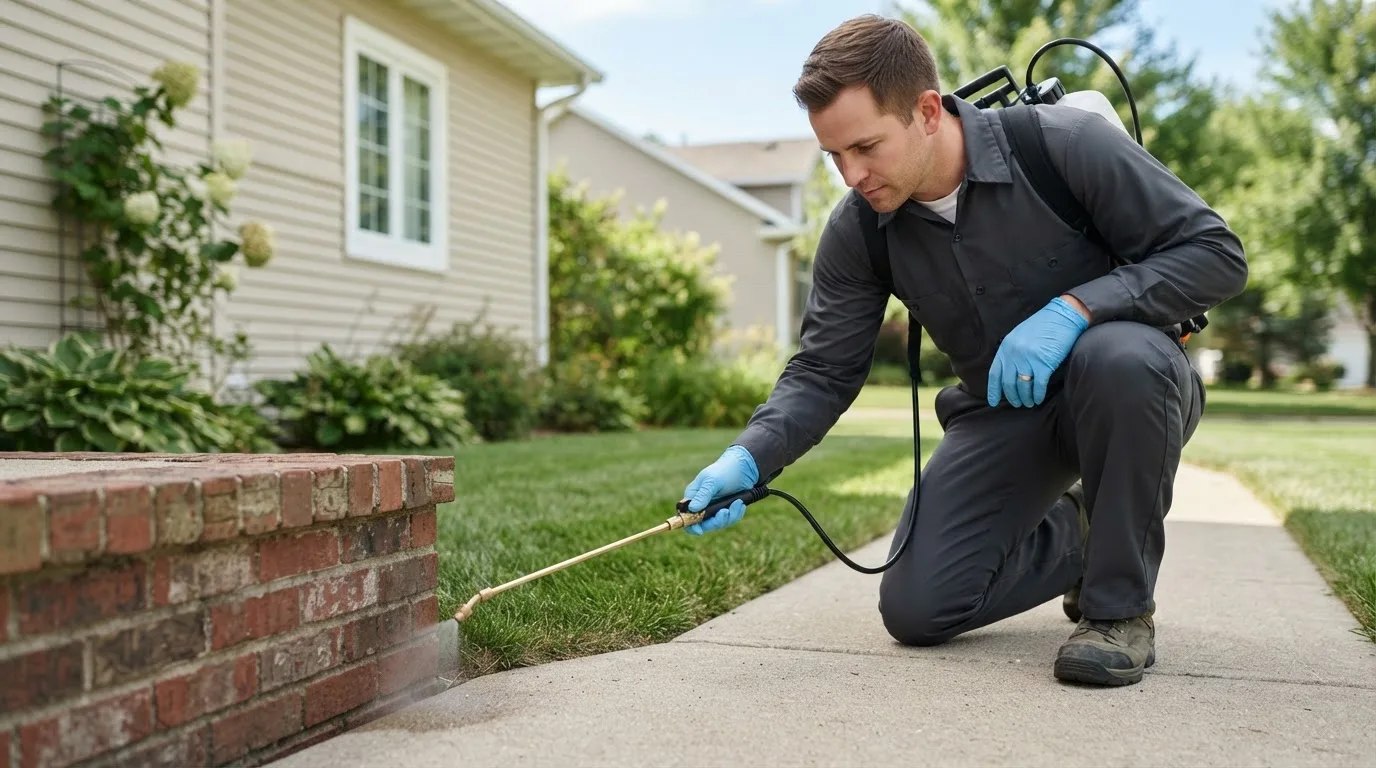 Pest control technician treating a home near Plainfield, OH