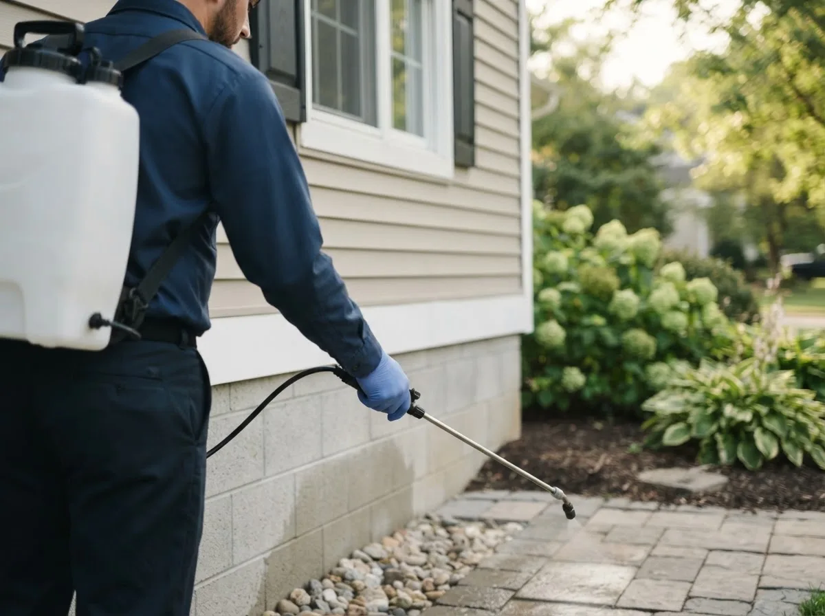 Pest control technician inspecting a home in Plainfield, OH